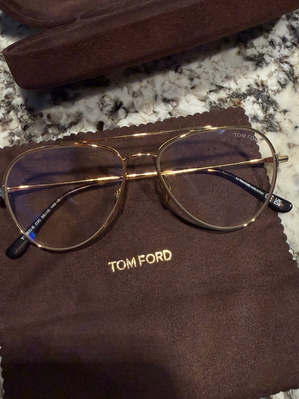 Tom Ford Gold Metal Aviator-Style Eyeglasses with Black Temple Tips